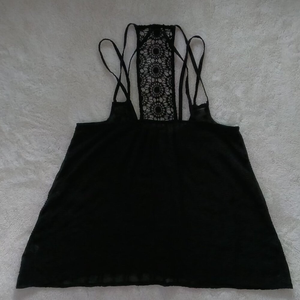 Poof New York Womens 🌺 Black Crochet Strappy Sheer Flowy Detailed Tank Top 🌺